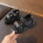 Sparkly open toe girls Velcro sandals-black (2)