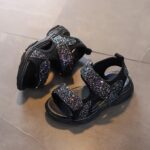 Sparkly open toe girls Velcro sandals-black (3)