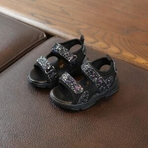Sparkly open toe girls Velcro sandals-black (4)