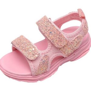Sparkly open toe girls Velcro sandals-pink (1)