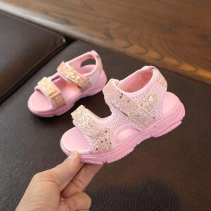 Sparkly open toe girls Velcro sandals-pink (3)