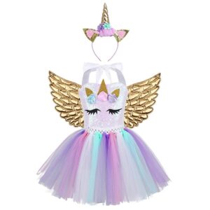 Sparkly rainbow unicorn dress with gold wings