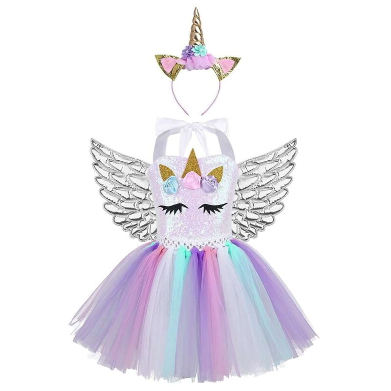 Sparkly rainbow unicorn dress with silver wings