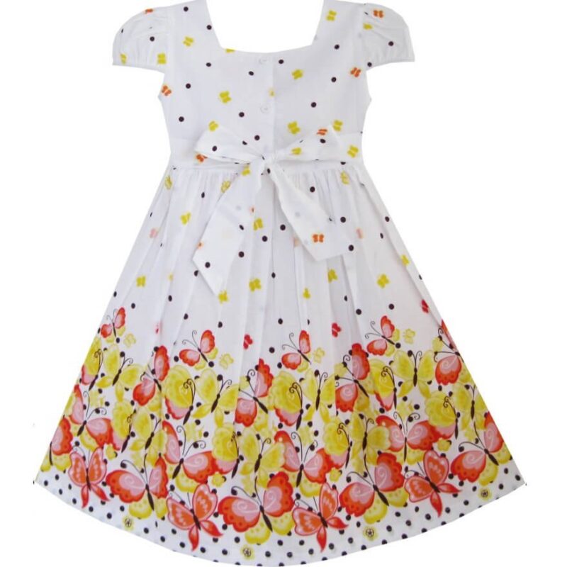 Back view of girls white butterfly print dress with waist tie bow, puff sleeves and colourful butterfly patterned skirt.
