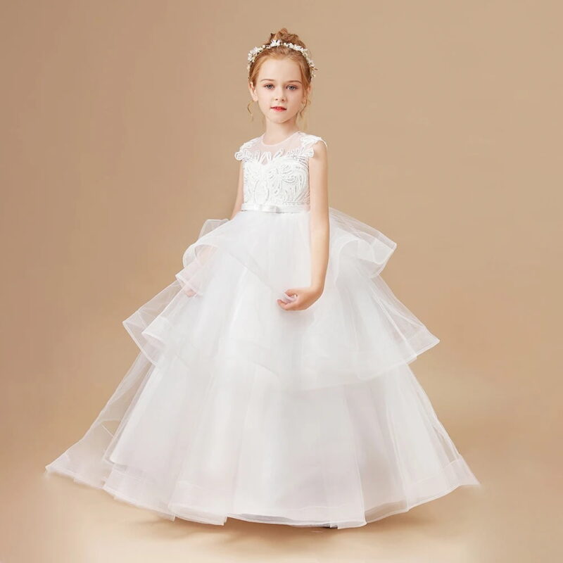 Girls ivory princess flower girl dress with layered tulle skirt and lace bodice for weddings and formal occasions