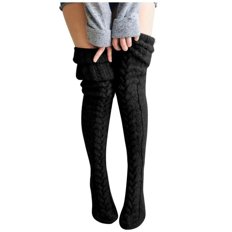 Thick cable knit thigh high socks-black (1)