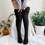 Thick cable knit thigh high socks-black (2)