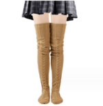 Thick cable knit thigh high socks-brown