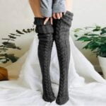 Thick cable knit thigh high socks-dark-grey (2)