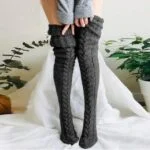 Thick cable knit thigh high socks-dark-grey (2)