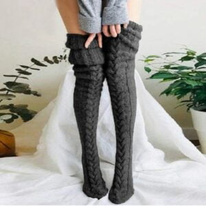 Thick cable knit thigh high socks-dark-grey (2)