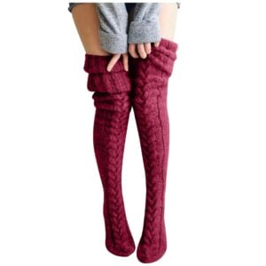 Thick cable knit thigh high socks-dark-red (1)