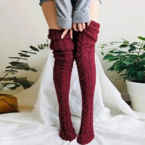 Thick cable knit thigh high socks-dark-red (2)