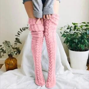 Thick cable knit thigh high socks-pink (2)