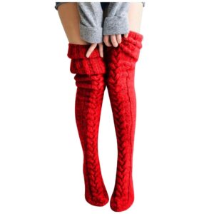 Thick cable knit thigh high socks-red (1)