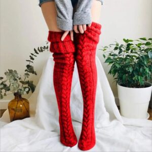 Thick cable knit thigh high socks-red (2)