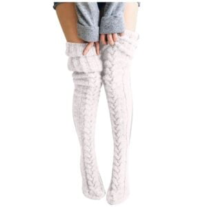 Thick cable knit thigh high socks-white (3)