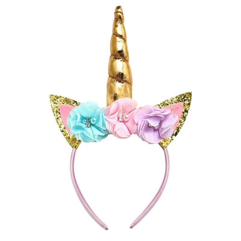 Unicorn horn headband with colourful flowers and glitter ears