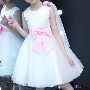 White flower girl dress with pink sash (2)