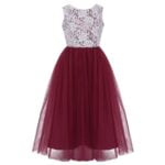White lace top flower girl dress with burgundy tulle skirt (3)