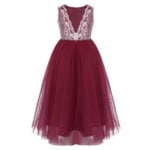 White lace top flower girl dress with burgundy tulle skirt (4)