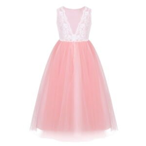 White lace top flower girl dress with pink tulle skirt (1)