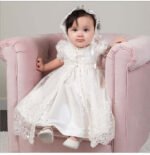 baby girl lace christening gown with bonnet-ivory (1)