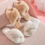 Faux fur cross slider slippers - White-Fabulous Bargains Galore