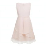 beige Cascade Chiffon Party Dress (1) Girls beige cascade chiffon party dress with sleeveless design and layered flowing chiffon skirt
