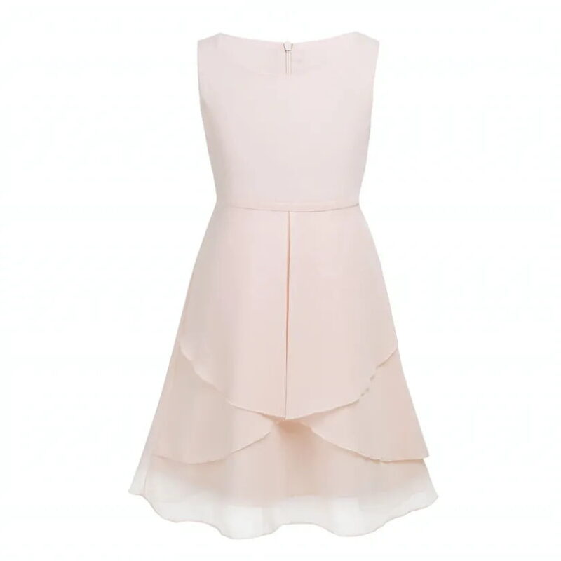 Girls beige cascade chiffon party dress with sleeveless design and layered flowing chiffon skirt