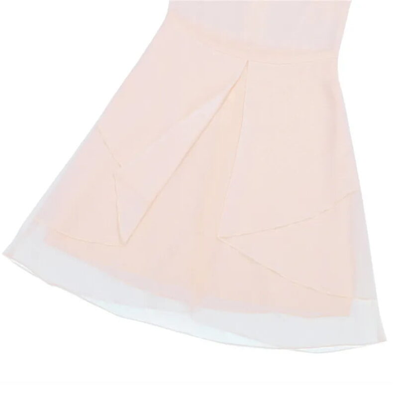 Close up detail of beige cascade chiffon party dress featuring layered asymmetric chiffon skirt and lightweight flowing fabric.