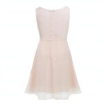 beige Cascade Chiffon Party Dress (3) Back view of beige chiffon party dress with sleeveless bodice, soft layered skirt and elegant floaty hem for weddings and celebrations.