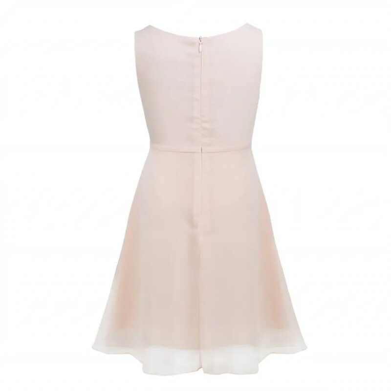 Back view of beige chiffon party dress with sleeveless bodice, soft layered skirt and elegant floaty hem for weddings and celebrations.