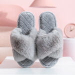 Faux fur cross slider slippers - Grey-Fabulous Bargains Galore