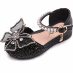 black Girls Sparkly Butterfly Bow Shoes 1 Black girls glitter butterfly bow shoes with rhinestones and pearl strap, smart formal footwear for children