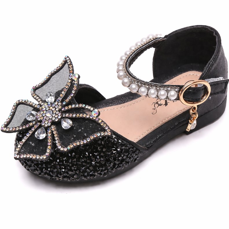 Black girls glitter butterfly bow shoes with rhinestones and pearl strap, smart formal footwear for children