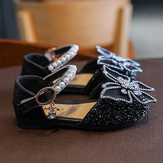 Black girls sparkly butterfly bow shoes with crystal embellishment and pearl strap, dressy shoes for special occasions