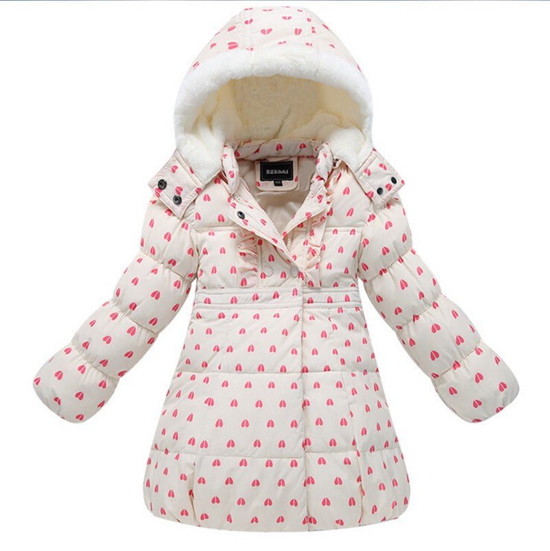 Girls cream padded parka coat with heart print, faux fur hood lining and insulated winter design