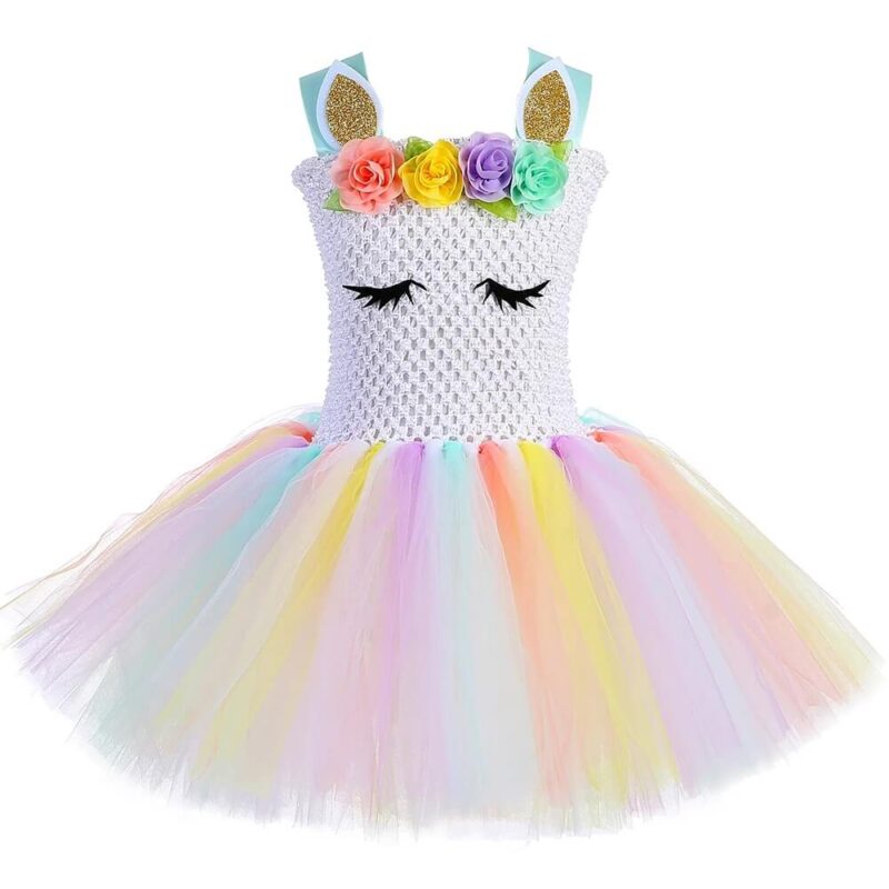 Rainbow unicorn tutu dress for girls with pastel tulle skirt