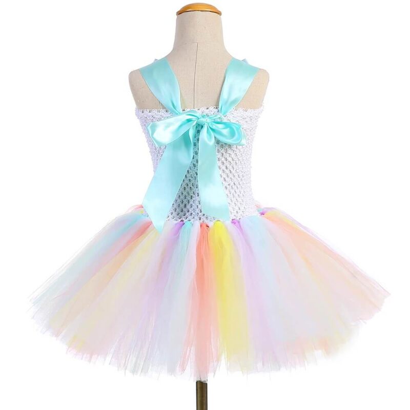 Back view of girls rainbow unicorn tutu dress with bow detail