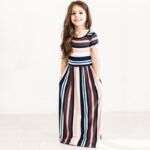Girl stripe maxi dress with sleeves - Pink