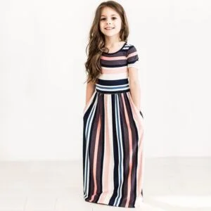 Girl stripe maxi dress with sleeves - Pink