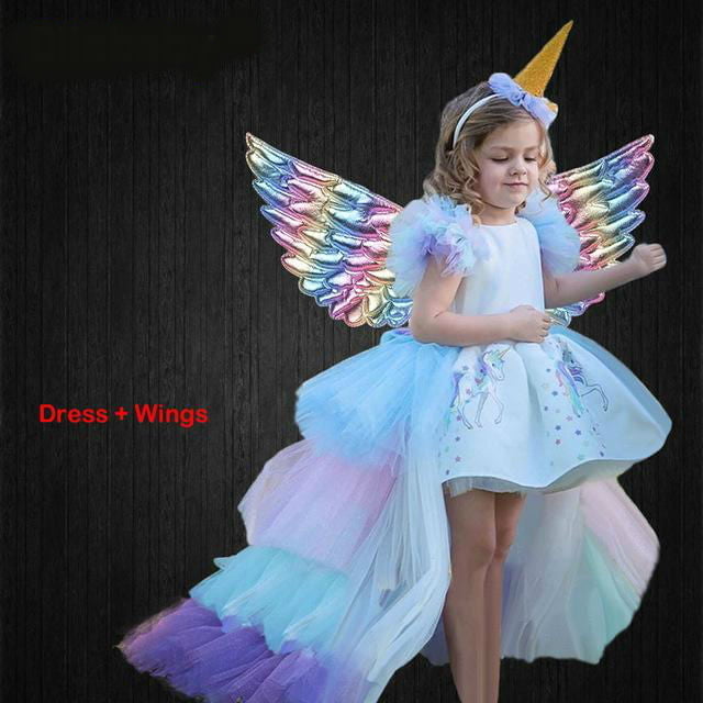  Girl's Rainbow Unicorn Dress with Attached Wings +