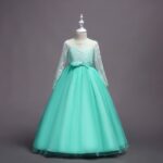 Green long sleeve lace flower girl ball gown dress with tulle skirt and decorative bodice