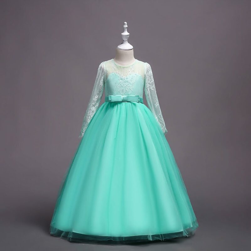Green long sleeve lace flower girl ball gown dress with tulle skirt and decorative bodice