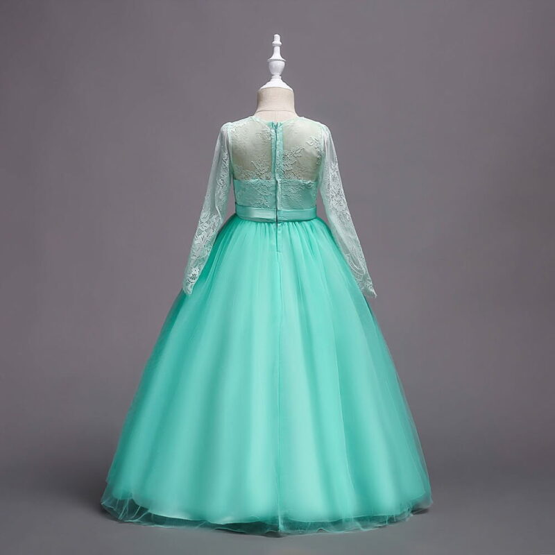 Back view of green flower girl dress with lace bodice, long sleeves and full layered tulle ball gown skirt
