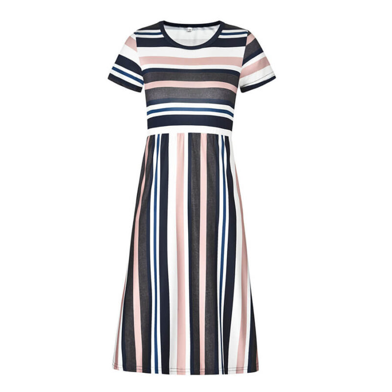 light pink stripe maxi dress with short sleeves round neckline and vertical stripe skirt for casual summer wear
