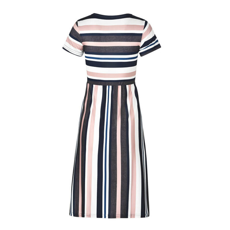 back view of light pink striped maxi dress with short sleeves fitted bodice and flowing full length skirt