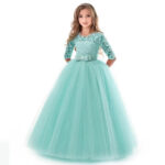 Mint green girls lace princess dress with floral lace sleeves, satin bow waist and full tulle ball gown skirt for weddings and special occasions.