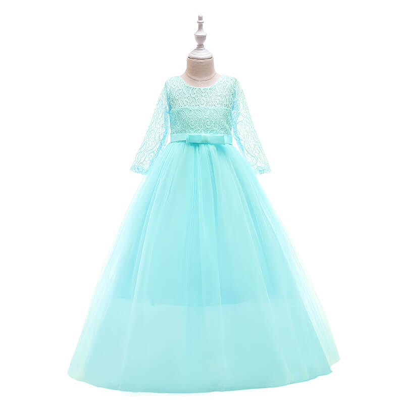 Mint green girls lace princess gown with long sleeves, satin waist bow and flowing layered tulle skirt for weddings and formal occasions.